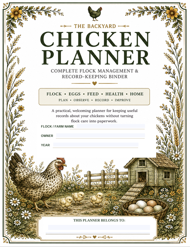 92-page printable Backyard Chicken Planner for flock records, eggs, health, feed, expenses, and more