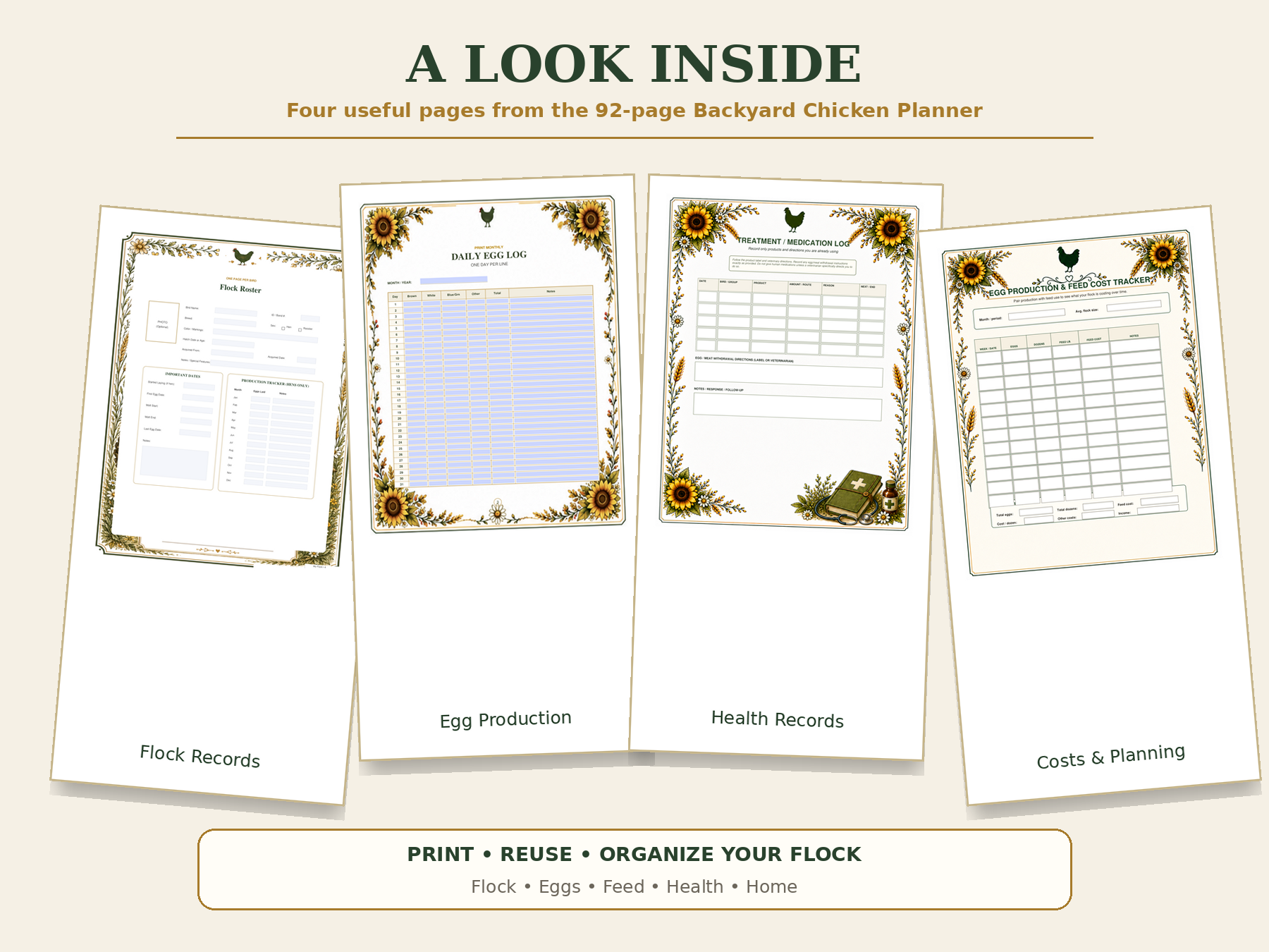 Preview of flock records, egg production, health records, and cost planning pages inside the Backyard Chicken Planner