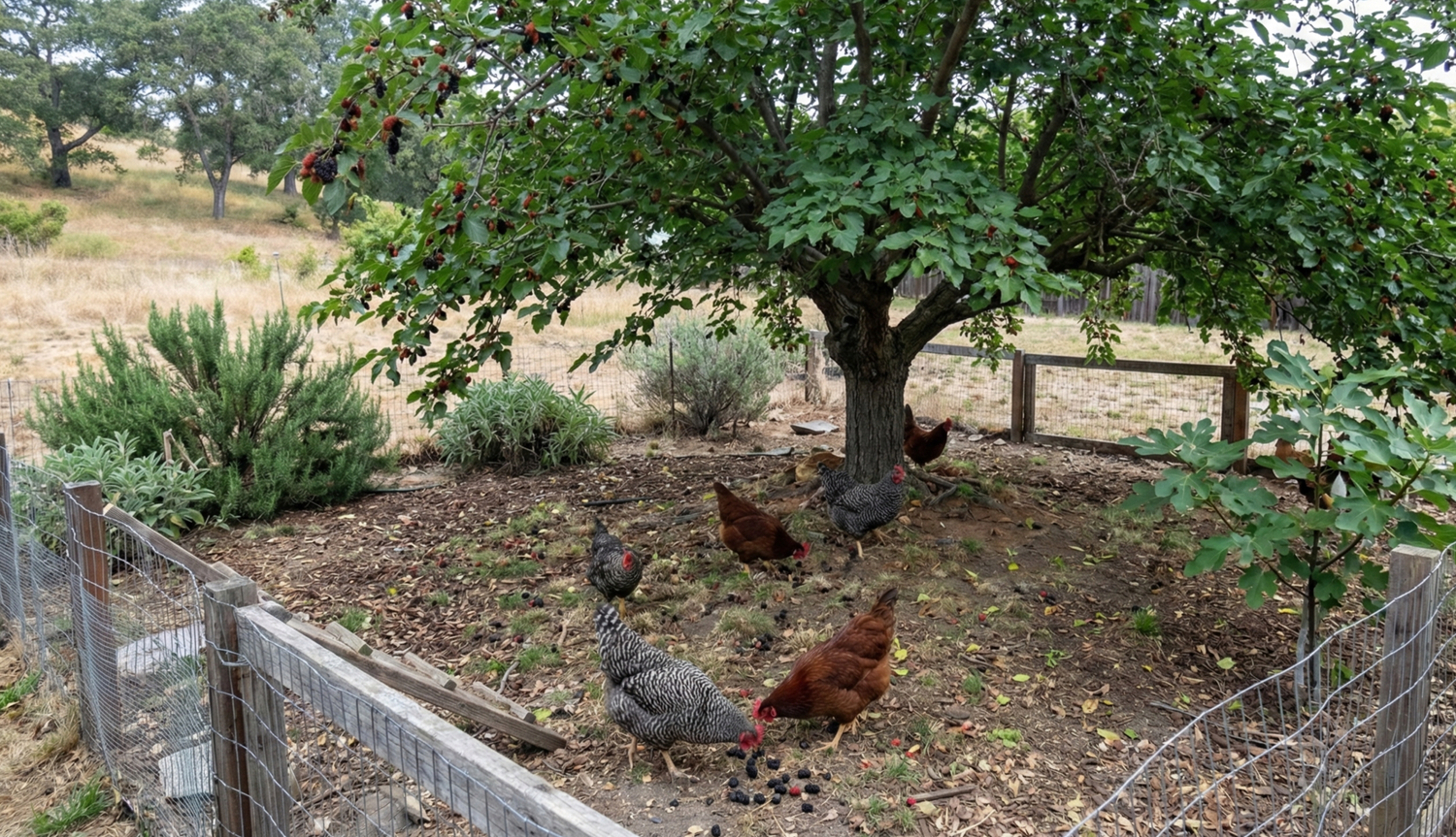 Chickens foraging beneath a mature mulberry tree